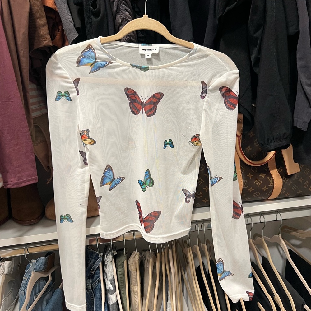superdown White Long Sleeve Top with Butterfly Print